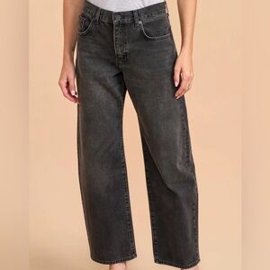 La Ligne Marilyn Mid-Rise Barrel Jean in Quincy (washed black).  100% cotton.